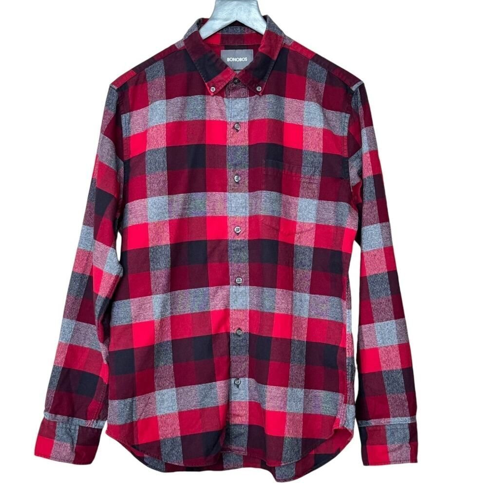 Bonobos Slim Fit Red Plaid Lightweight Flannel Button Front Shirt